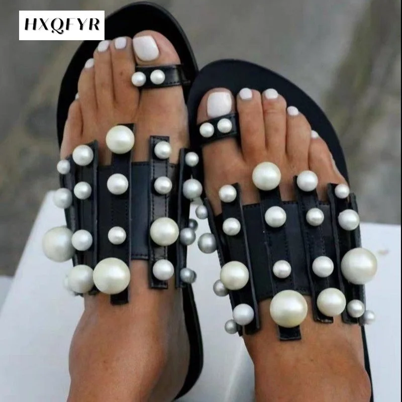 Top Trends: 2022 New Women Slippers Summer Pearl Women Slides Flat Casual Outside Women Beach Leather Slippers Large Size 36-43 Women Shoes Shoppable Styles