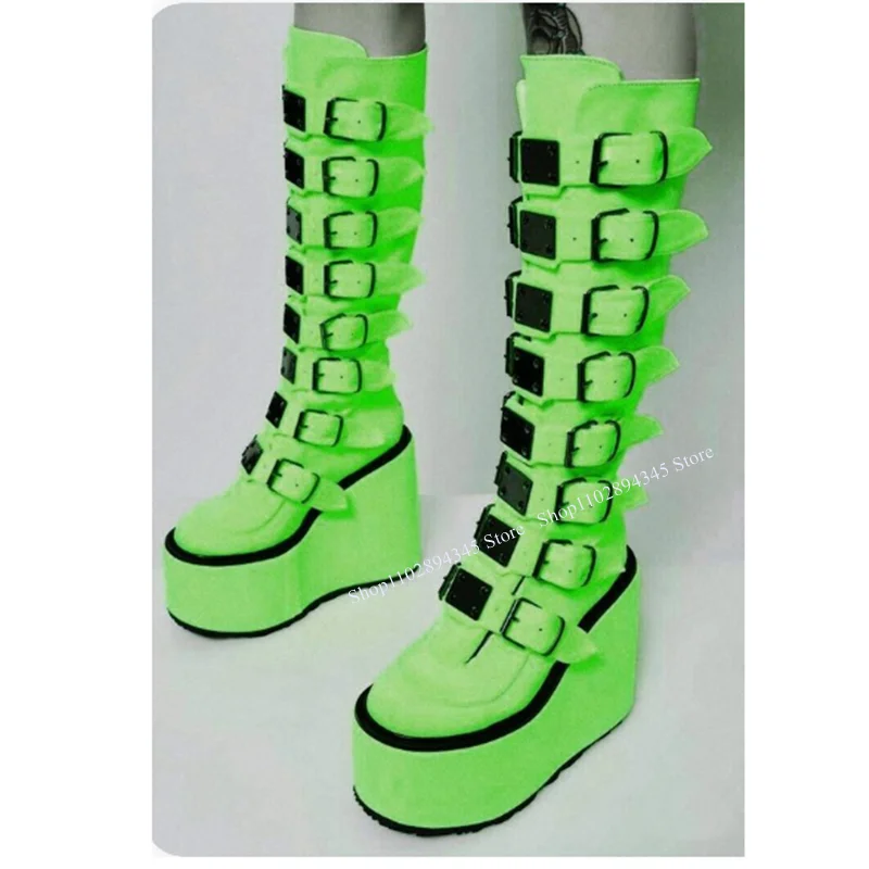 Top Trends: Green Buckle Decor Cool Boots Thick Heel Platform Round Toe Mid Calf Waterproof Novel Style Western Woman Shoes Zapatillas Mujer Shoppable Styles