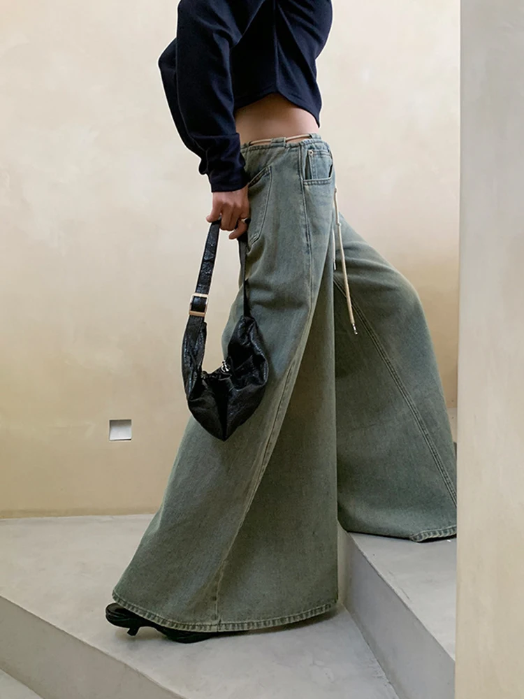 Top Trends: CHICEVER Patchwork Drawstring Chic Denim Pants For Women High Waist Minimalist Vintage Wide Leg Trousers Female Autumn Clothing Shoppable Styles - Image 3