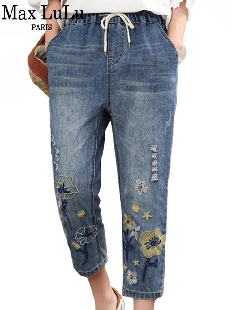 Top Trends: Max LuLu 2022 Chinese Summer Fashion Style Ladies Vintage Embroidery Jeans Women Casual Floral Denim Trousers Ripped Harem Pants Shoppable Styles