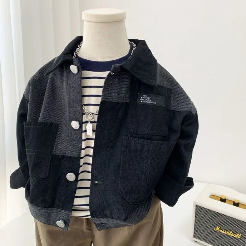 Top Trends: 2-9Y Baby Boy Korean Patchwork Denim Jacket 2023 New Toddler Handsome Casual Fashionable Coat For Children's Spring Autumn Wear Shoppable Styles