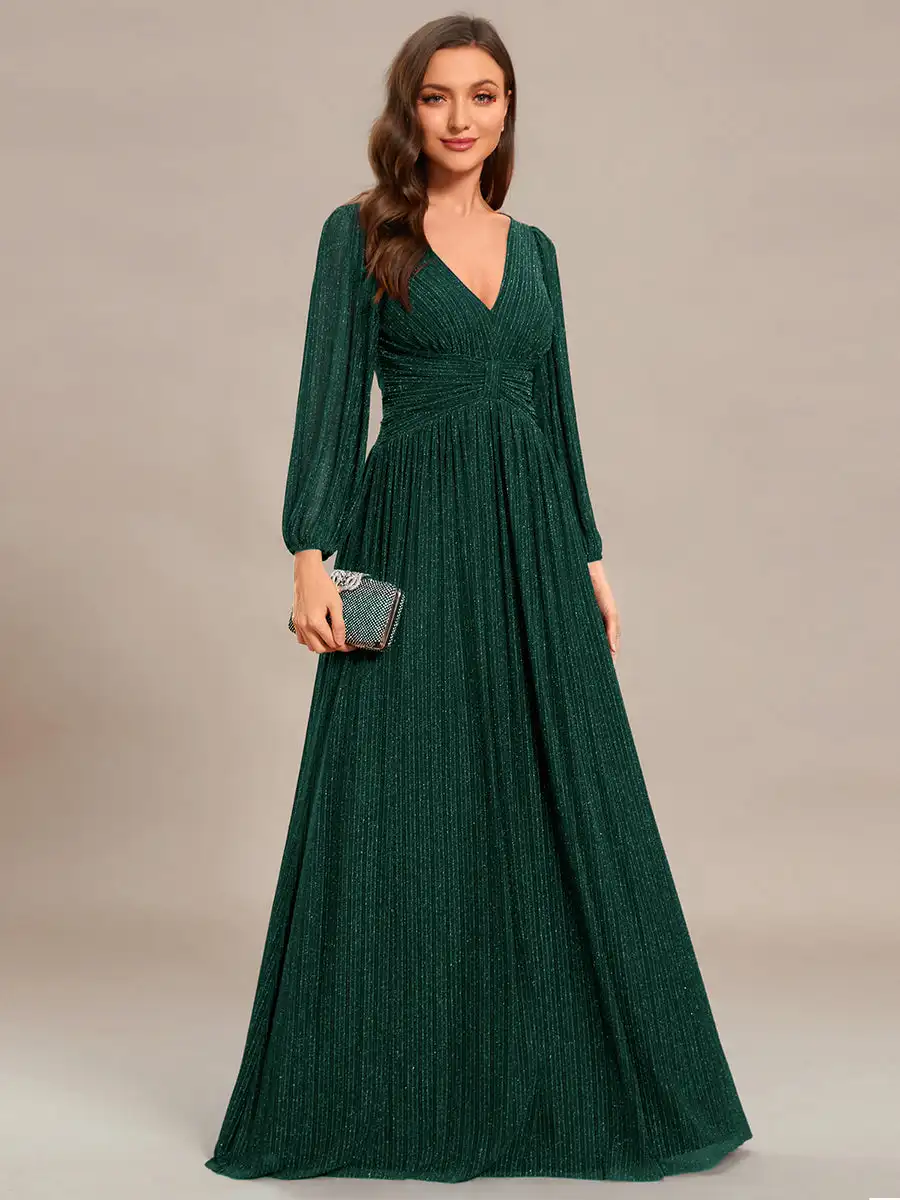 Top Trends: Elegant Evening Dress Deep V Neck With Long Sleeves Slimming Pleats 2024 BAZIIINGAAA Of Dark Green Bridesmaid Dress Shoppable Styles