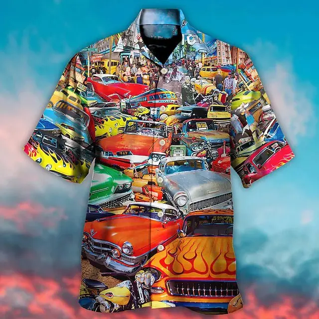 Top Trends: Vintage Car 3d Printed Shirts Men Women Fashion Hawaiian Shirt Unisex Beach Short Sleeve Oversized Blouse Men&#039;s Lapel Shirt Cuba Shoppable Styles