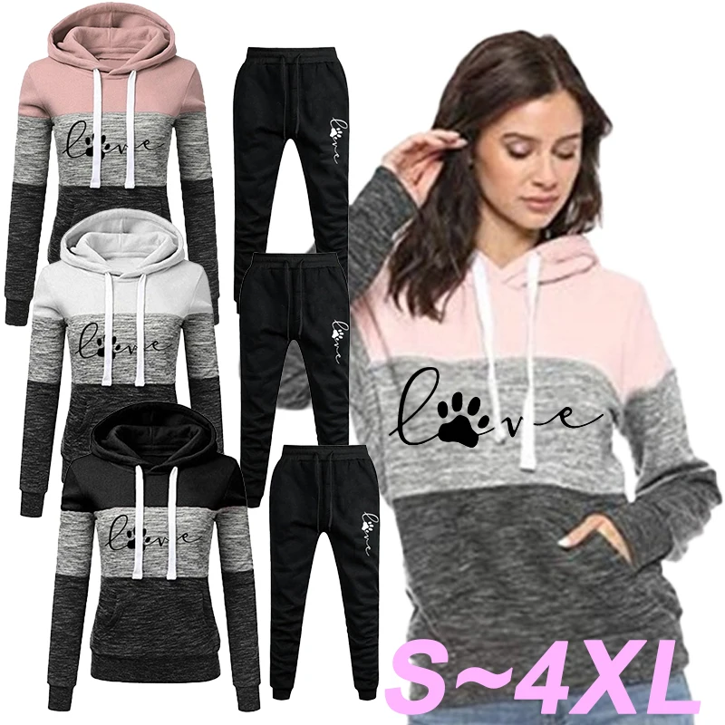 Top Trends: Women&#039;s Sports Suit Three Color Patchwork Printed Hoodie Set Outdoor Casual Long Sleeved Pullover And Jogging Pants Two-piece Shoppable Styles