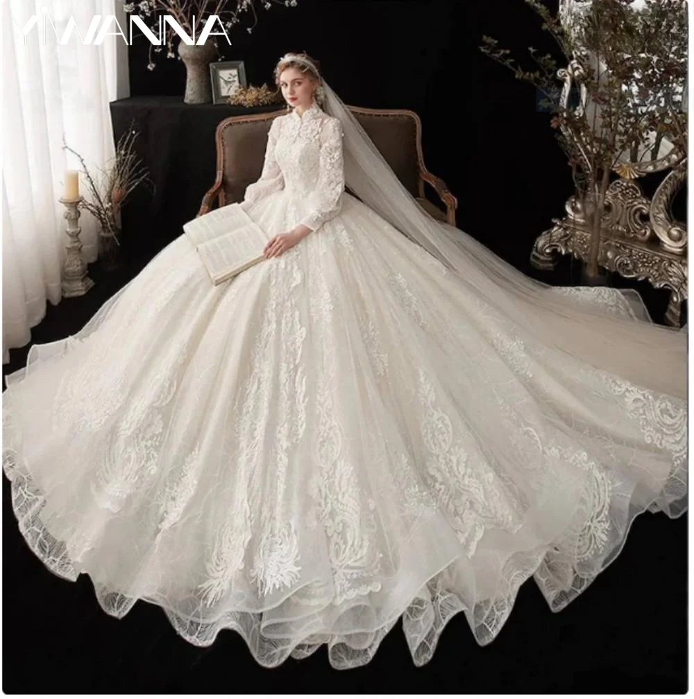 Top Trends: Graceful Lace Appliques Bridal Gown Vintage High Collar Floor-length Wedding Dress Modest Long Sleeve Ball Gown Bride Robe Shoppable Styles