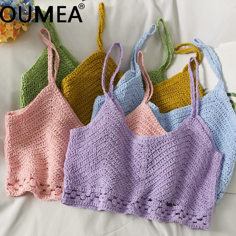 Top Trends: OUMEA Women Summer Cotton Crochet Camis Tops Sleeveless Candy Kawaii Color Beach Crop Tops V Neck Retro Casual Beach Short Tops Shoppable Styles