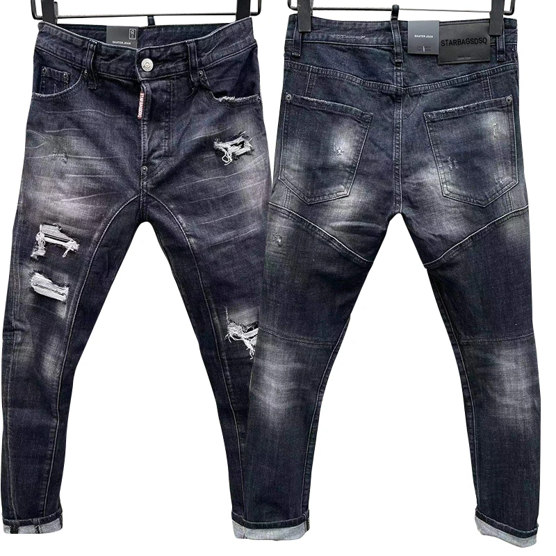 Top Trends: 2024 New Starbags DSQ T160 Trendy Men&#039;s Wash, Worn Holes, Patches, Paint, Three-dimensional Cut Small Feet, Blue Jeans For Men Shoppable Styles