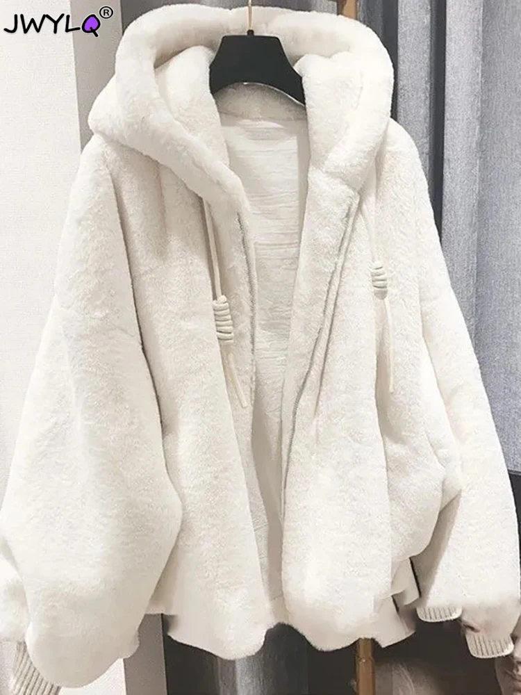 Top Trends: White Imitation Lambwool Outwear Top Coat Women Winter Warm Furry Overcoat Casual Sobretudos Hooded Faux Rabbit Fur Plush Jacket Shoppable Styles