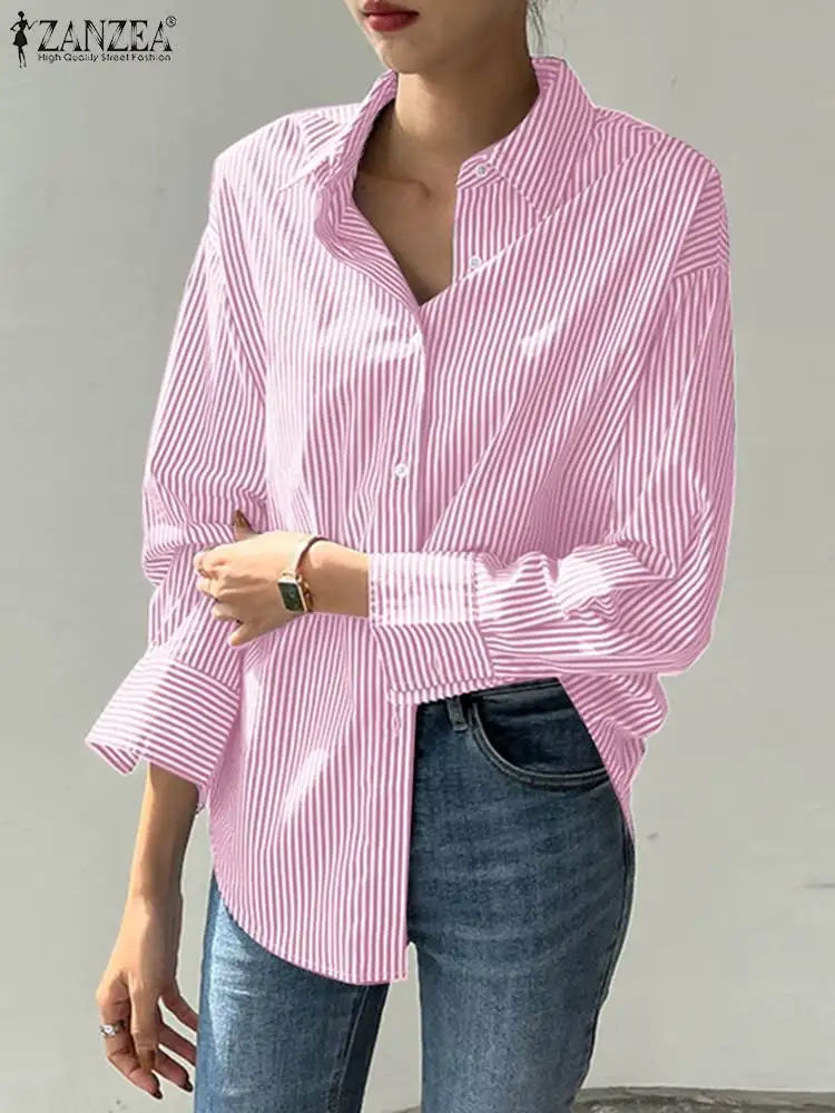 Top Trends: ZANZEA Women Striped Loose Blouse 2023 Office Turn-down Collar Long Sleeve Vintage Top Button-up Shirt Oversized Blusa Femininas Shoppable Styles