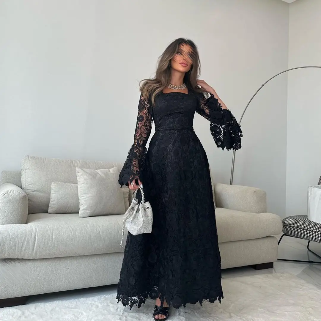 Top Trends: Elegant Black Evening Dresses Puffy Sleeves Lace Prom Dresses A-Line Ankle-Length Square Neck Formal Occasion Party Gown Shoppable Styles