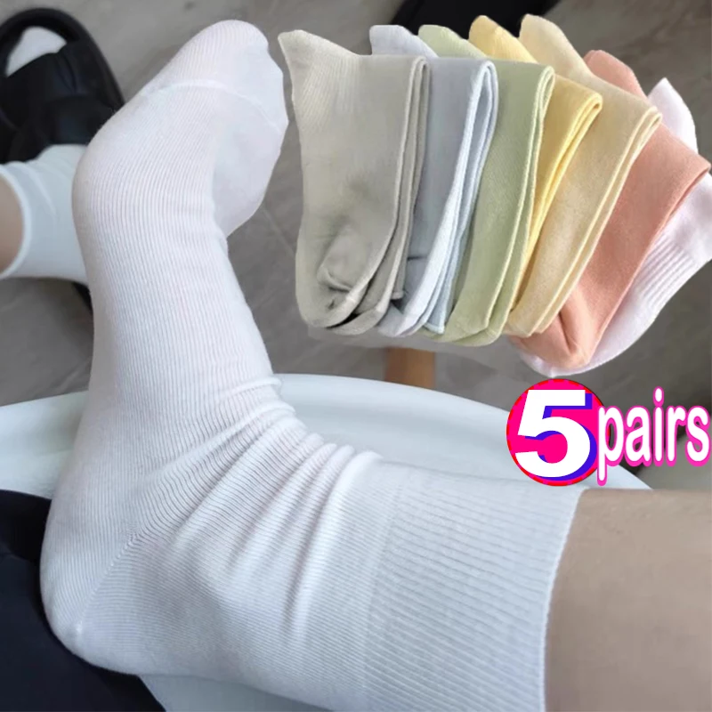 Top Trends: 3 / 5pairsWomen Cotton Loose Socks Knitting Solid Color Black White Student Girls Stockings Elegant Retro Long Socks Breathable Shoppable Styles