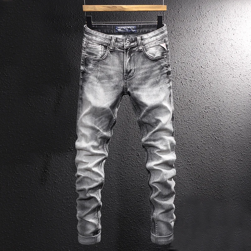 Top Trends: Streetwear Fashion Men Jeans Retro Gray Elastic Slim Fit Ripped Jeans Men Trousers Vintage Designer Casual Denim Pants Hombre Shoppable Styles