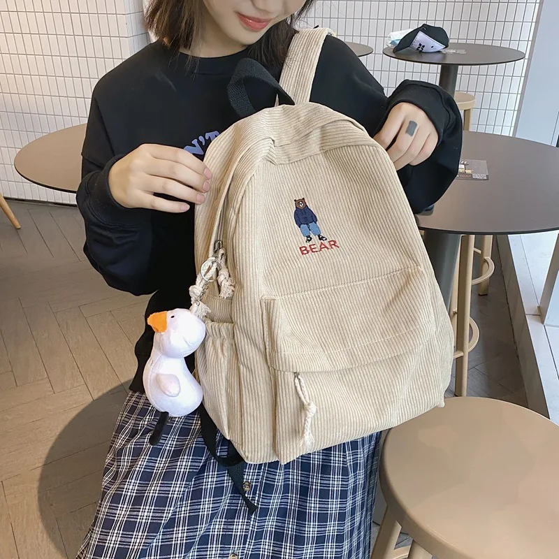 Top Trends: New Female Student Corduroy Backpack Versatile Large Capacity Junior High School Travel Backpack Cute Bags For Girls Shoppable Styles