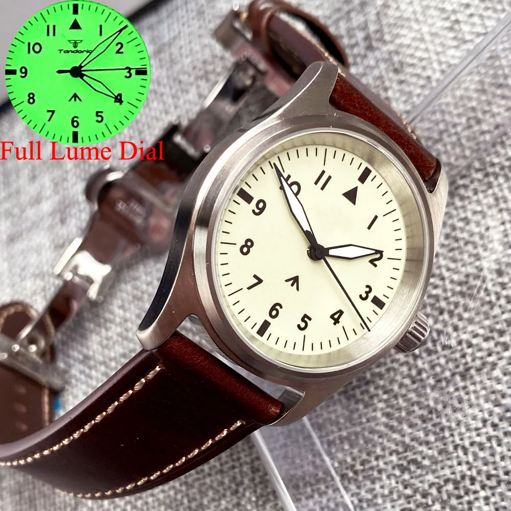 Top Trends: 36mm Tandorio Lume Dial Green Full Luminous Japan NH35 Automatic Mechanical Pilot Style 20ATM Dive Watch Men Brown Leather Band Shoppable Styles