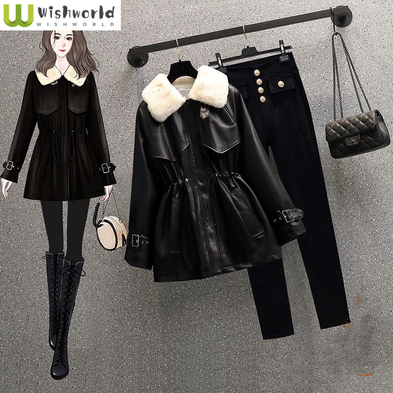 Top Trends: Autumn And Winter Women&#039;s Set 2023 New Korean Version Temperament Plush Thickened Leather Coat Coat Pants Two Piece Set Shoppable Styles