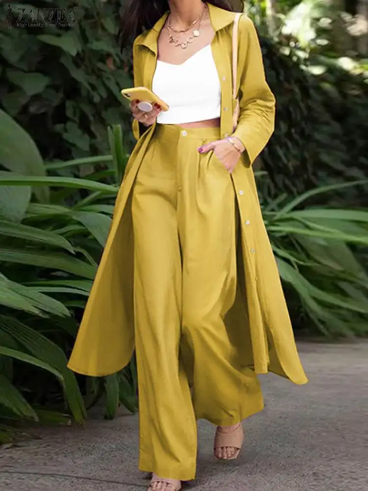 Top Trends: Elegant Matching Sets Women Long Sleeve Split Shirt ZANZEA 2023 Casual Lapel Button Blouses Wide Leg Trousers Tracksuit Outifits Shoppable Styles