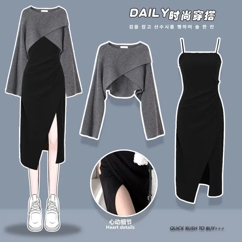 Top Trends: Women's Sweet Spring Autumn Gray Sweater Dress Suit 2023 Korean Lady Dresses Set Casual Outfits Shoppable Styles