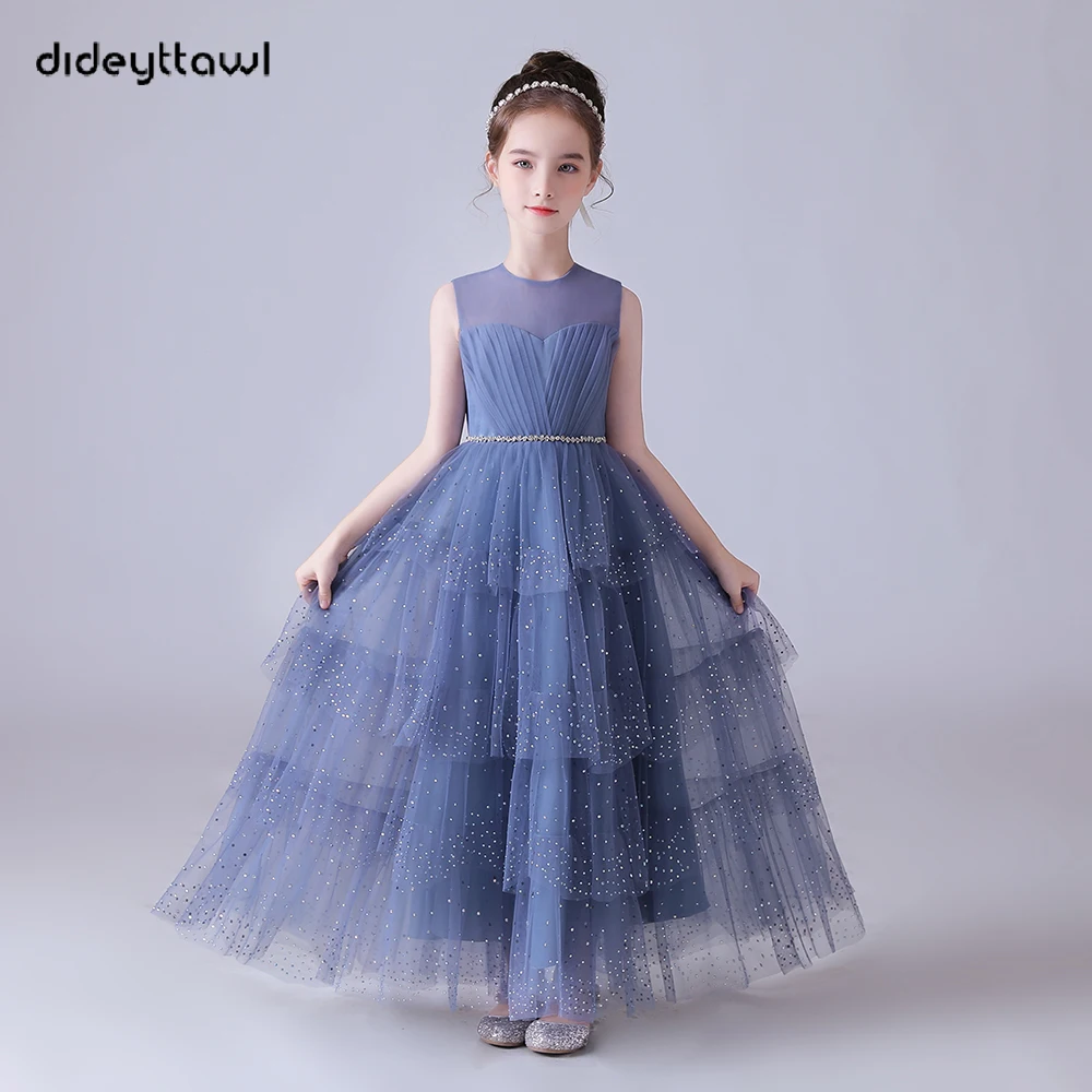 Top Trends: Dideyttawl Dusty Blue Beaded Sleeveless Pleated Tulle Flower Girl Dress A Line Floor Length Junior Bridesmaid Gown Princess Shoppable Styles