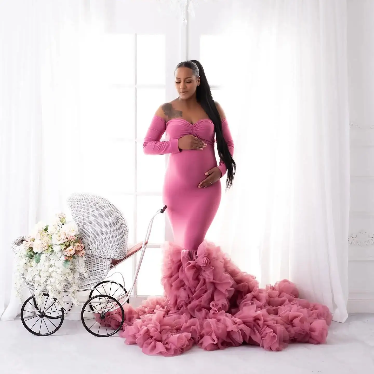 Top Trends: Vintage Pink Mermaid Evening Dresses Pregnant Women Puffy Ruffles Maternity Nightrobes Long Sleeves Sweep Train Photoshoot Gowns Shoppable Styles