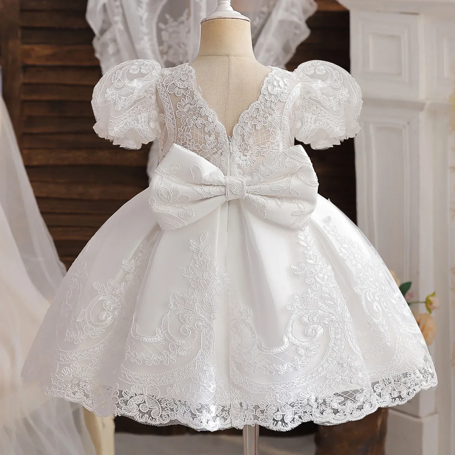 Top Trends: Baby Bow Birthday Princess Dress Elegant Girl Embroidery Flower Beaded White Baptism Tutu Gown Kids Formal Evening Party Costume Shoppable Styles