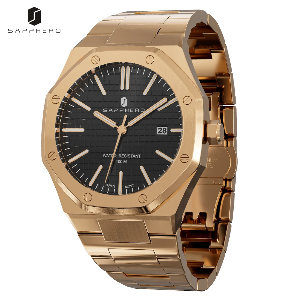 Top Trends: SAPPHERO Rose Gold Mens Watch Octagon Design 100M Waterproof Luxury Quartz Wristwatch For Men Business Date Luminous Clock Shoppable Styles