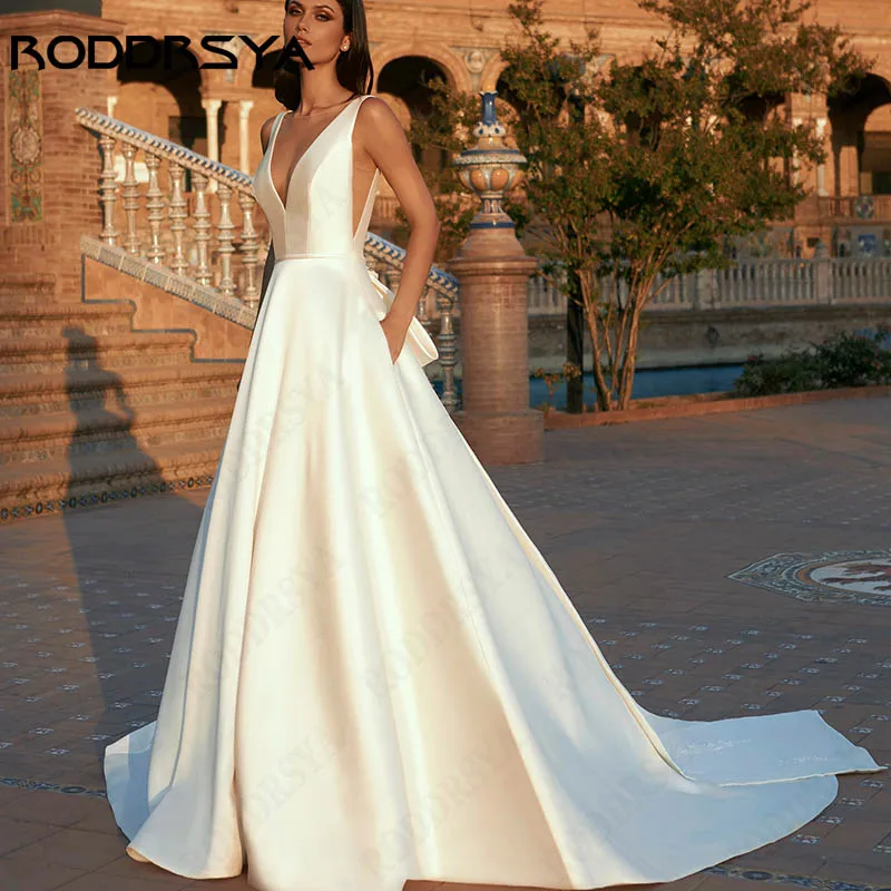 Top Trends: RODDRSYA Spaghetti Straps V-Neck Vestido De Novia Sleeveless Appliques Satin Bride Party Backless A-Line Wedding Dress For Women Shoppable Styles