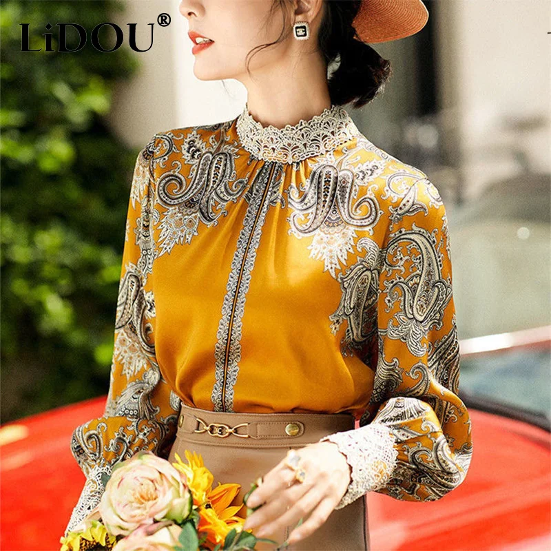 Top Trends: Spring Autumn Half High Collar Vintage Print Embroidery Lace Patchwork Shirt Ladies Elegant All-match Pullover Top Women Blouse Shoppable Styles