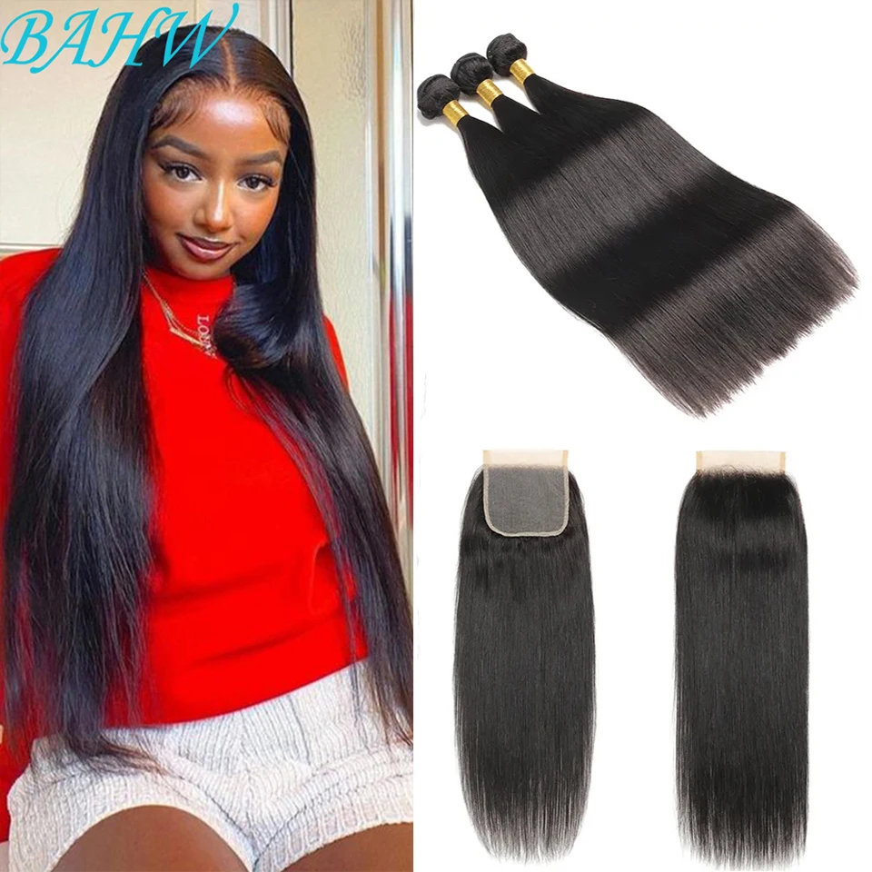 Top Trends: Brazilian Bone Straight Human Hair Bundles With 4x4 Lace Closure 30Inch Raw Hair Weave Natural Color Virgin Hair Cheap Isee Shoppable Styles