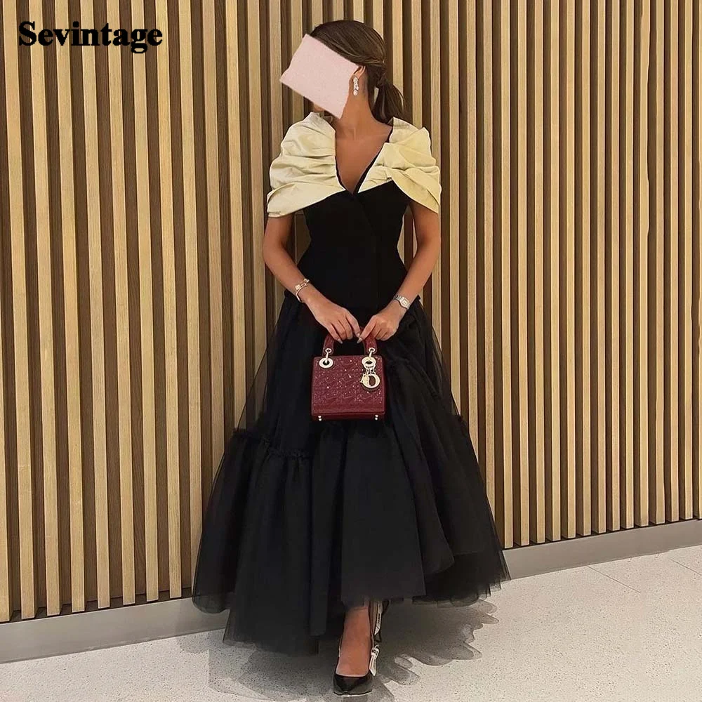 Top Trends: Sevintage Black Tulle Saudi Arabia Prom Dresses Formal Off Shoulder Women Evening Party Gowns Ankle Length Midi Celebrity Gown Shoppable Styles