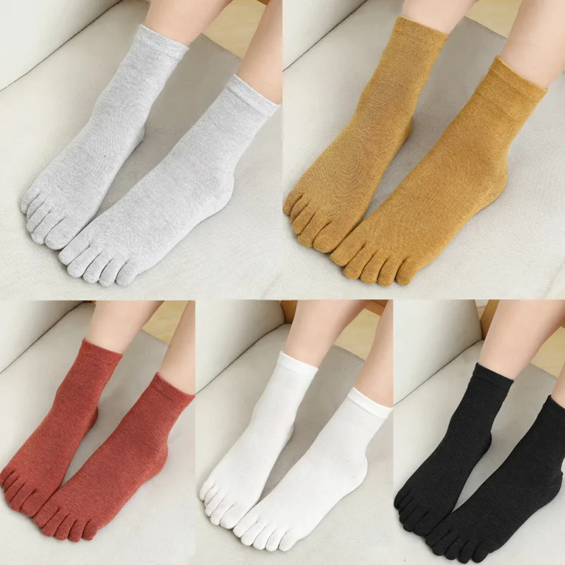 Top Trends: 5 Pairs Japanese Harajuku Toe Socks Vintage Cotton Five Fingers Casual Sport Crew Socks With Heel Women Solid Black White Sock Shoppable Styles