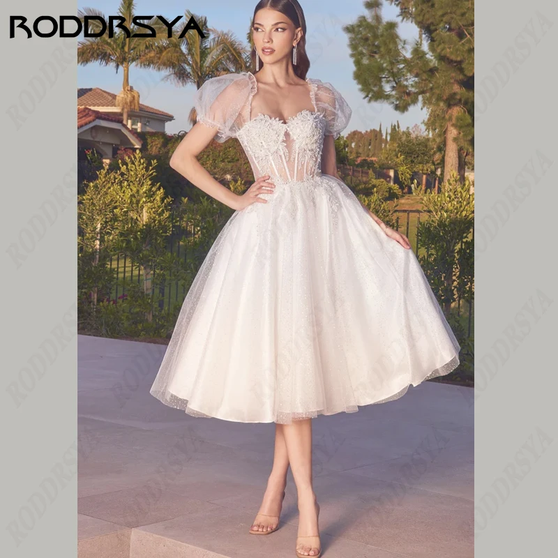 Top Trends: RODDRSYA Short Wedding Dresses Sweetheart Appliques Bridal Gowns Shining Puff Sleeve Vestido De Noiva A-Line Backless Illusion Shoppable Styles