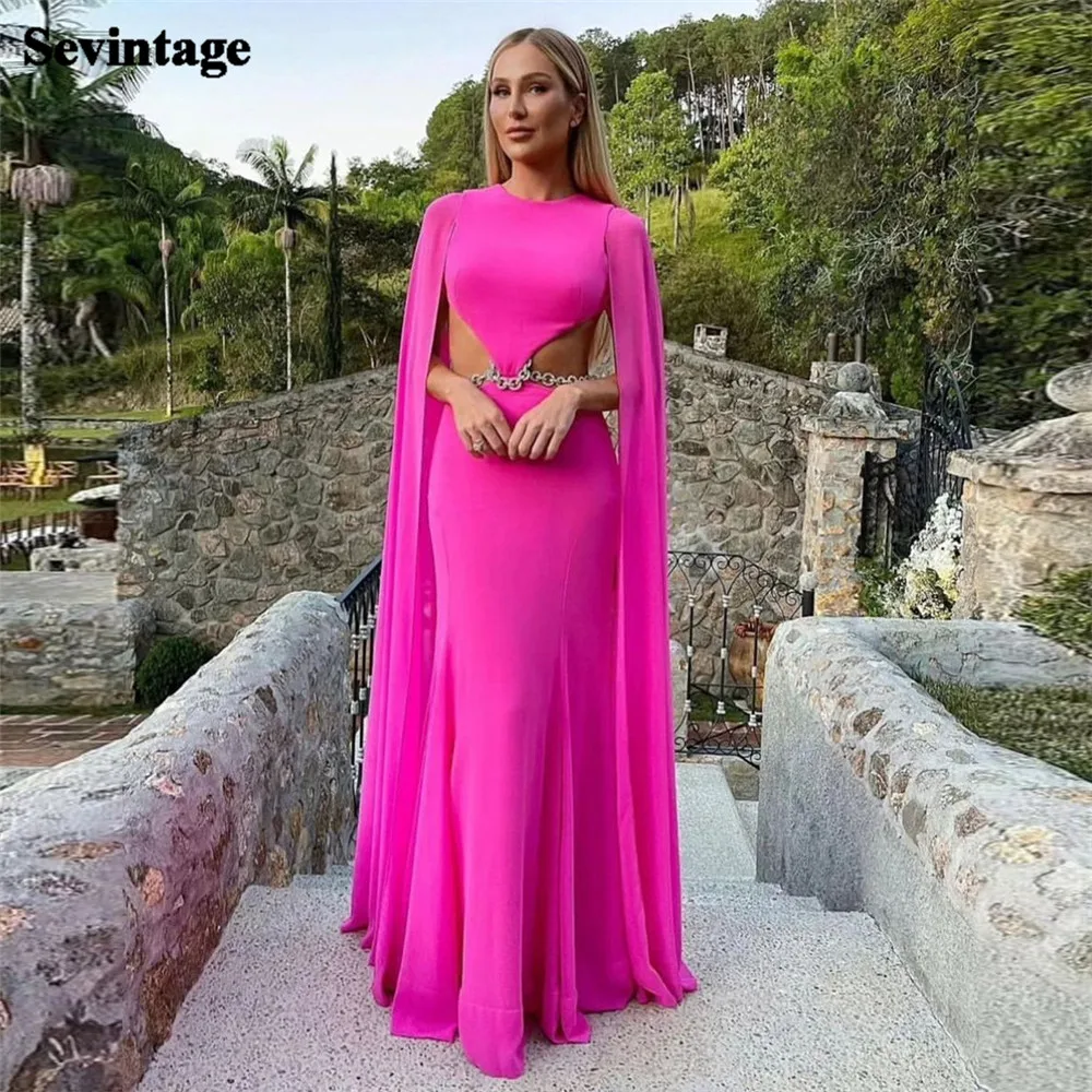 Top Trends: Sevintage Sexy Amaranth Chiffon Prom Dresses Pleat Ruched Long Cape Sleeves Backless Formal Evening Dress Women Party Gowns 2023 Shoppable Styles