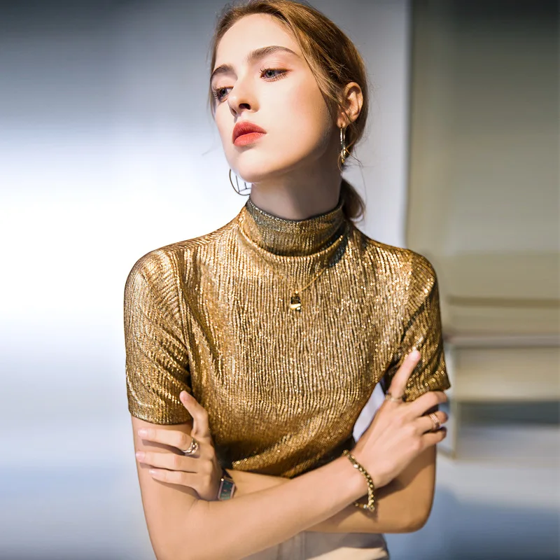 Top Trends: Glossy Gold Sequin Women's Turtleneck Top Short Sleeve Plus Size Glitter Party Club T Shirt Shoppable Styles