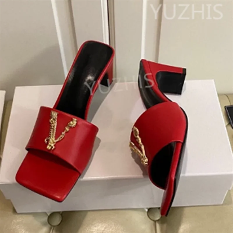 Top Trends: Classic Brand Design Natural Leather Slides Woman Square Open Toe Golden Metal Decor High Heels Shoes Women Mules Slippers Shoppable Styles