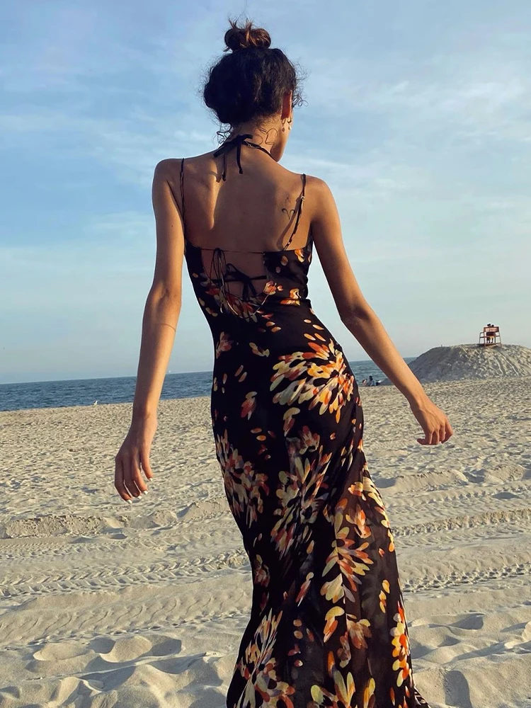 Top Trends: Colysmo Print Maxi Dress Women Sexy Low Cut Cowl Neck Back Lace Up Sexy Dresses Seaside Party Club Wear Long Dress 2020 New Shoppable Styles - Image 4