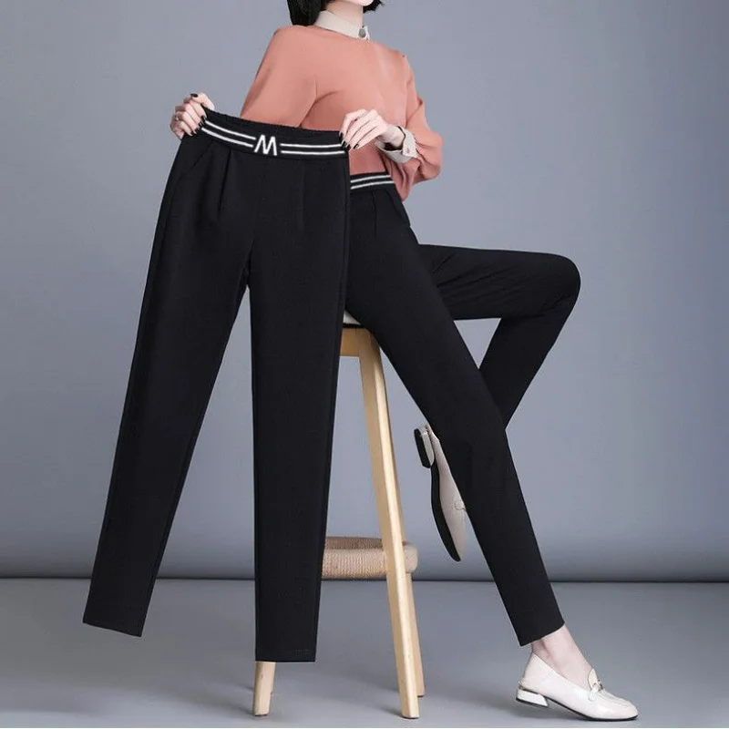 Top Trends: Office Lady Fashion Slim Pencil Pants Spring Summer Koreon Women Letter Elastic High Waist Black All-match Casual Suit Trousers Shoppable Styles