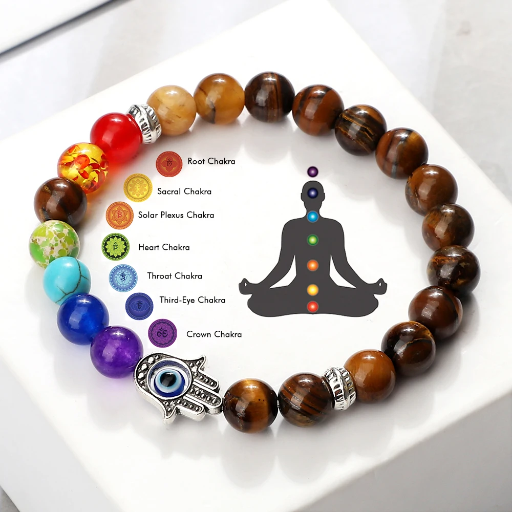 Top Trends: 7 Chakra Bracelets Men Natural Tiger Eye Stone Lava Onyx Agates Beads Bracelet Turkish Evil Eye Hand Of Fatima Jewelry Bangles Shoppable Styles