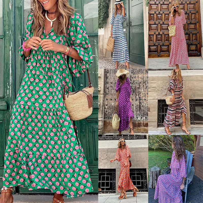 Top Trends: Dresses For Women 2022 Fashion Bohemian Lantern Sleeve Long Skirt Printed Big Swing Beach Party Dress Vestidos De Mujer Shoppable Styles