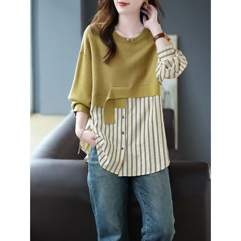 Top Trends: Fashion O-Neck Spliced Striped Fake Two Piece Blouse Women's Clothing 2023 Autumn Winter New Oversized Korean Tops Casual Shirt Shoppable Styles