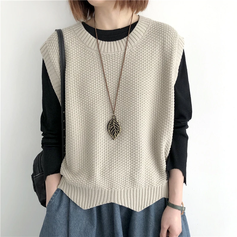 Top Trends: One Size Knitted Vest Women&#039;s Sleeveless Vest Round Neck Early Autumn Irregular Pullover Top Layered Over Western Style Sweater Shoppable Styles