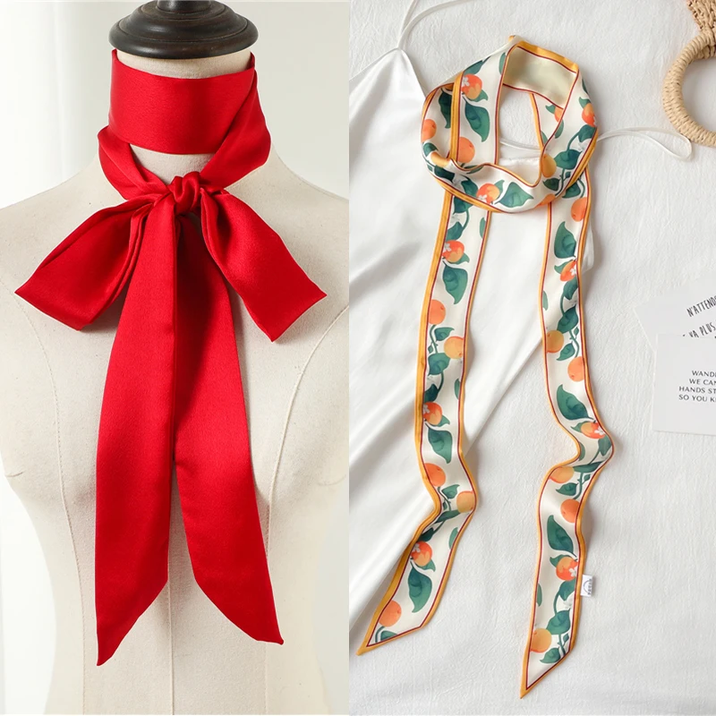 Top Trends: Print Solid Long Silk Satin Hair Scaf Fashion Neck Tie Ribbon Skinny Scarves Grils Hand Bag Wirst Belt Foulard Headwear 2022 Shoppable Styles