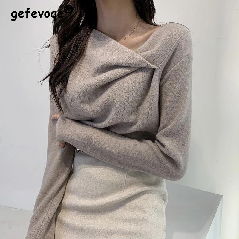 Top Trends: Women's Sweater Irregular Slim Autumn Winter Korean Fashion 2022 Asymmetry All-match Sweaters Basic Pullover Tops Y2k Streetwear Shoppable Styles