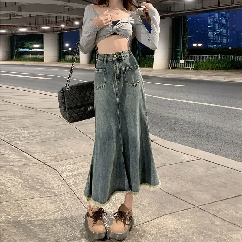 Top Trends: Women&#039;s Retro Blue Denim Skirt High Waisted Thin A Line Skirt Long Jeans Female New Korean Version Shoppable Styles