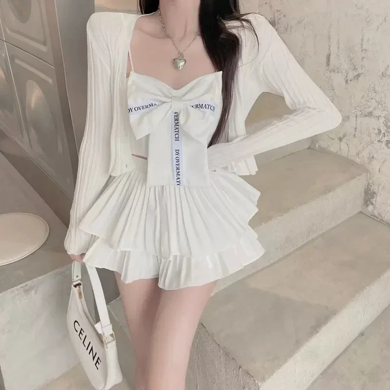 Top Trends: Cute Women Two Piece Set White Long Sleeve Top High Waist Skirt Sweet Bowtie Summer 3 Pieces Sets Fashion Pleated Skirt Sets Shoppable Styles