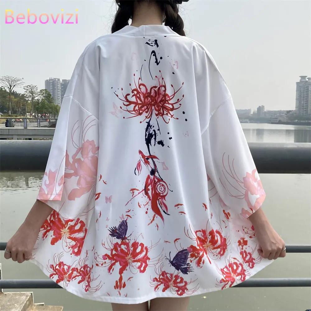 Top Trends: Japanese Flower Flower Print Haori Obi Belt Beach White Kimono Women&#039;s Yukata Coat Traditional Clothing Outerwear Shoppable Styles