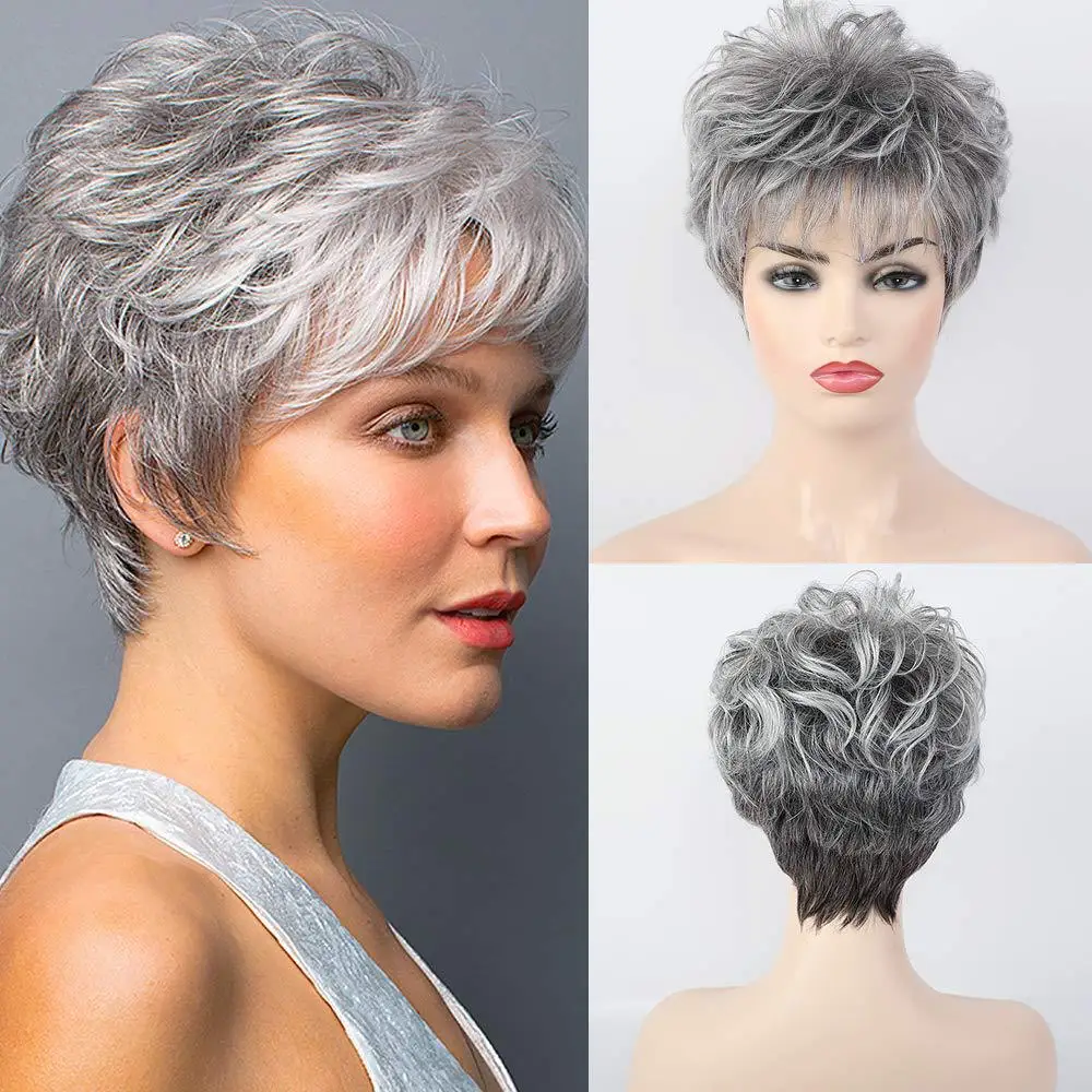 Top Trends: Wig For Women Synthetic Short Wig With Bangs Mixed Gray Hair High Temperature Fiber Heat Resistant Hair Daily Use Wigs Shoppable Styles