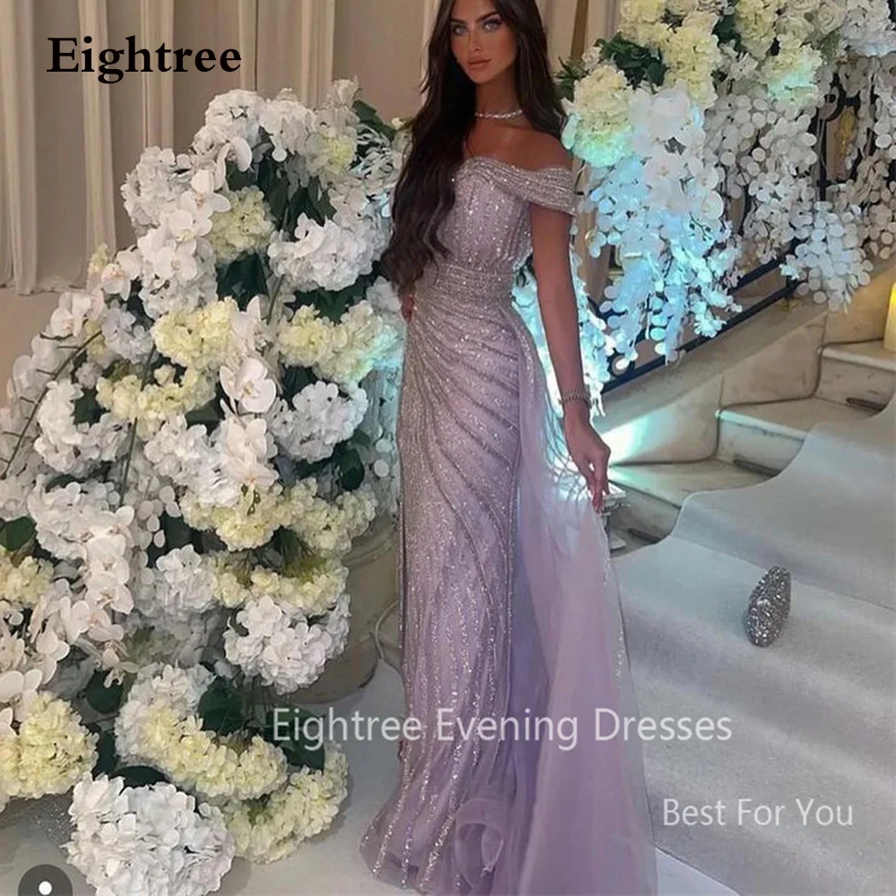 Top Trends: Eightree Shiny Purple Party Dresses Sequins Saudi Arabic Off Shoulder Long Mermaid Evening Dress Formal Event Gowns Celebrity Shoppable Styles