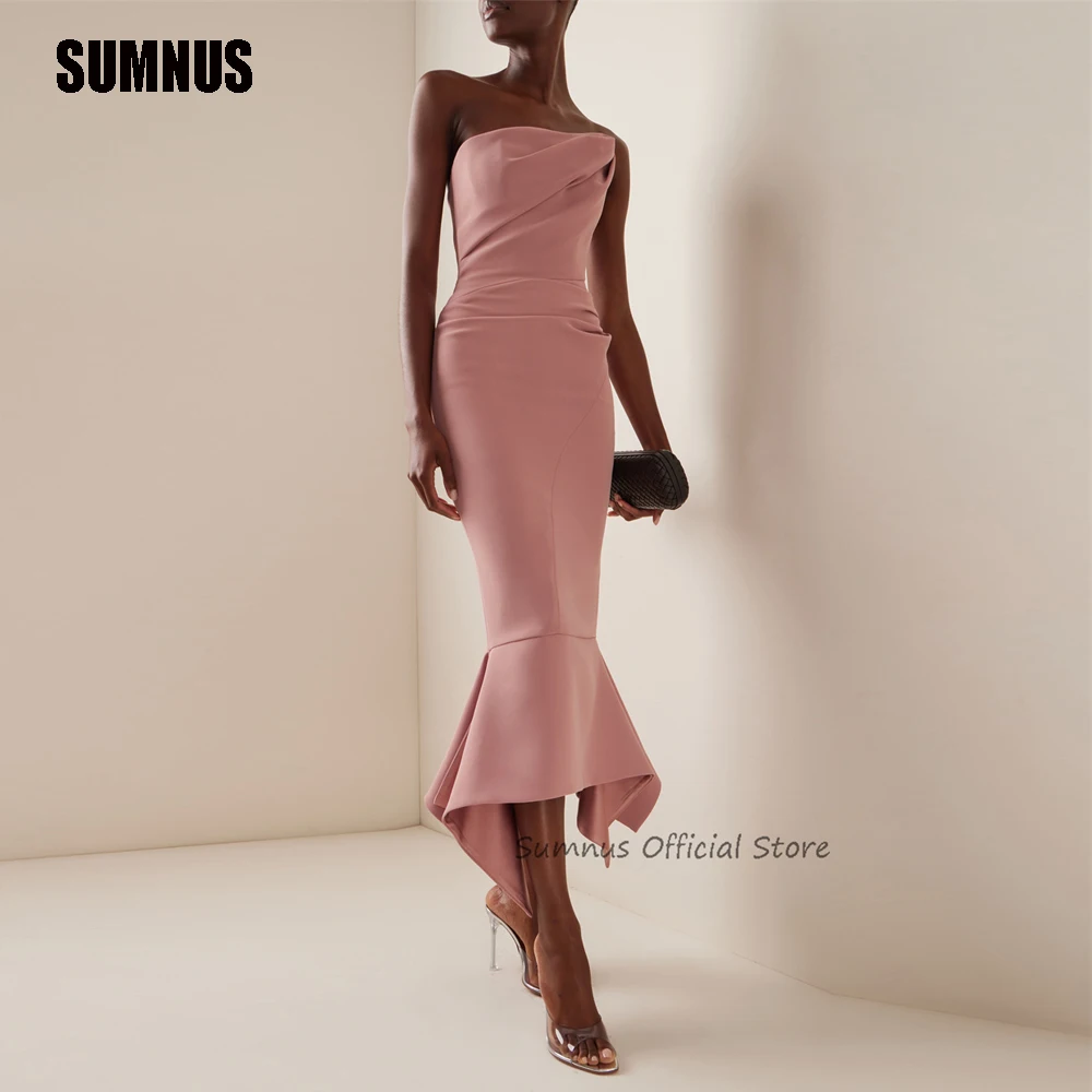 Top Trends: SUMNUS Modern Dusty Rose Pink Mermaid Prom Dresses Sleeveless Strapless Party Dress Satin Dubai Arabic Ruffle Sexy Evening Gowns Shoppable Styles