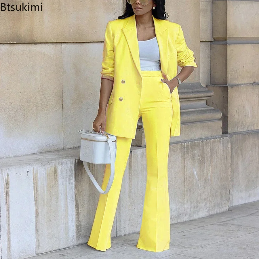 Top Trends: 2024 Women's Two Pieces Pants Sets Solid Double Breasted Blazer Suits And Straight Flare Pants Suit 2 Piece Set Outfits Female Shoppable Styles - Image 3