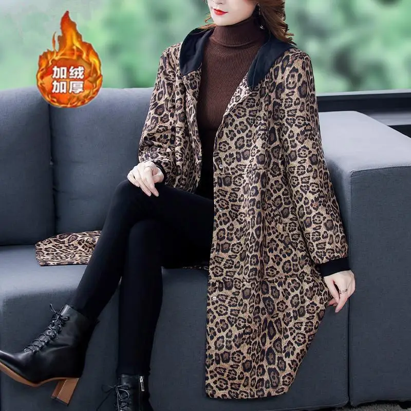 Top Trends: 2023 New Printed Leopard Hooded Midi Autumn And Winter Fashion Bold Thickened Long Sleeve Loose Patchwork Button Cardigan Coats Shoppable Styles